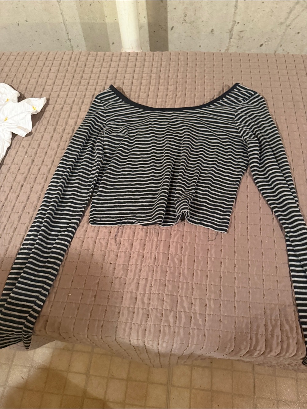 Striped Off-Shoulder Long-Sleeve Crop Top in Black and White
